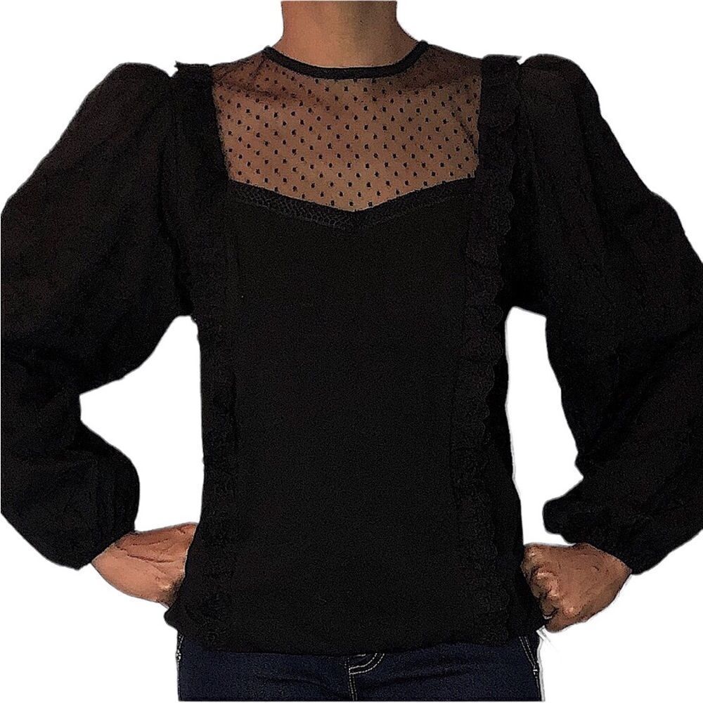NWT MARC NEW YORK Black See-through Lace Front Cotton Sleeves Stretchy Fabric